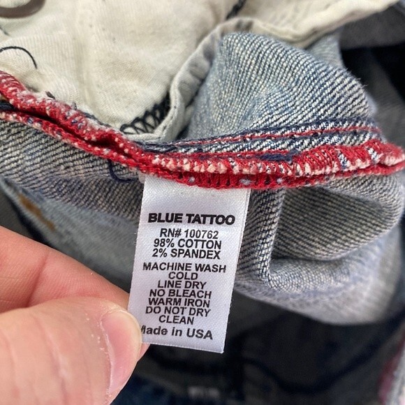 Blue Tattoo Low Rise Bootcut Distressed Jeans Big Stitch Embroidered Rose Logo - Picture 11 of 16